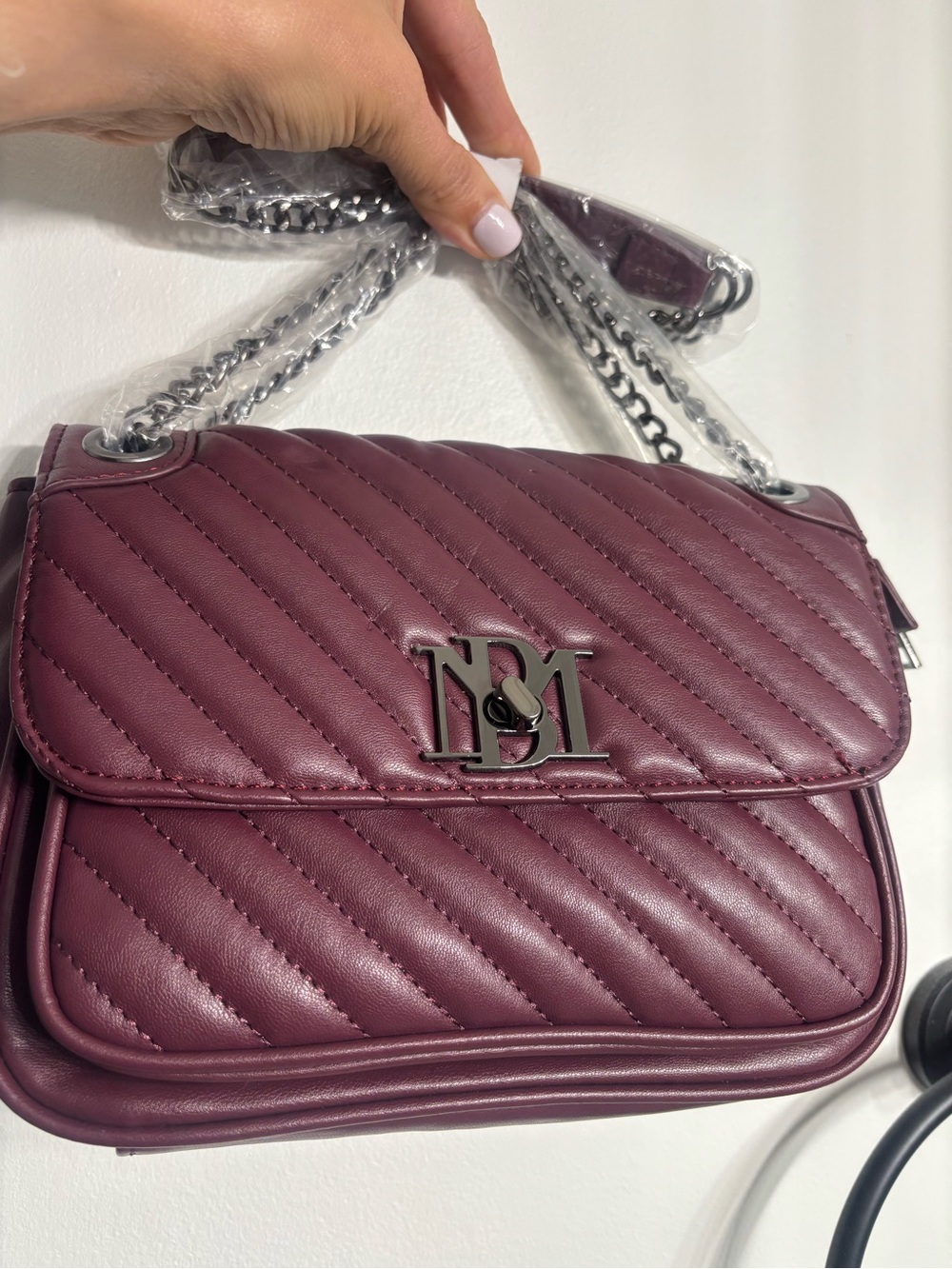 Badgley Mischka quilted Plum crossbody bag with gunmetal chain